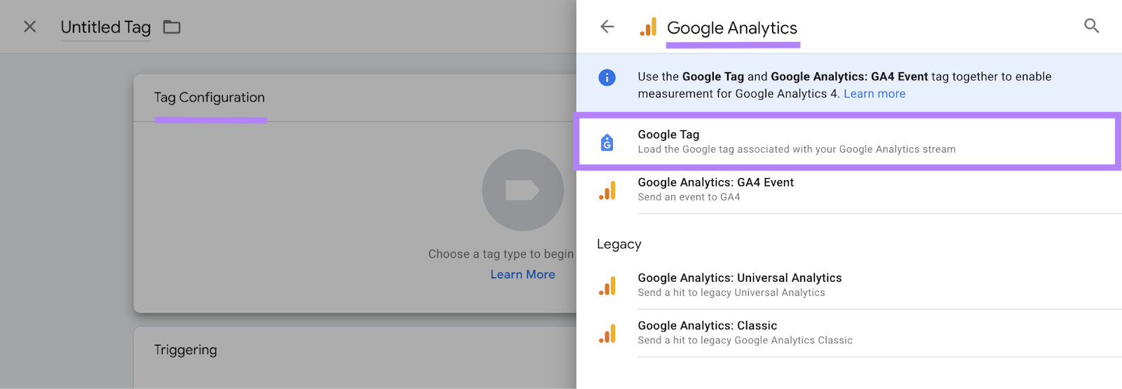 âTag Configurationâ > âGoogle Analyticsâ > âGoogle Tag" buttons highlighted