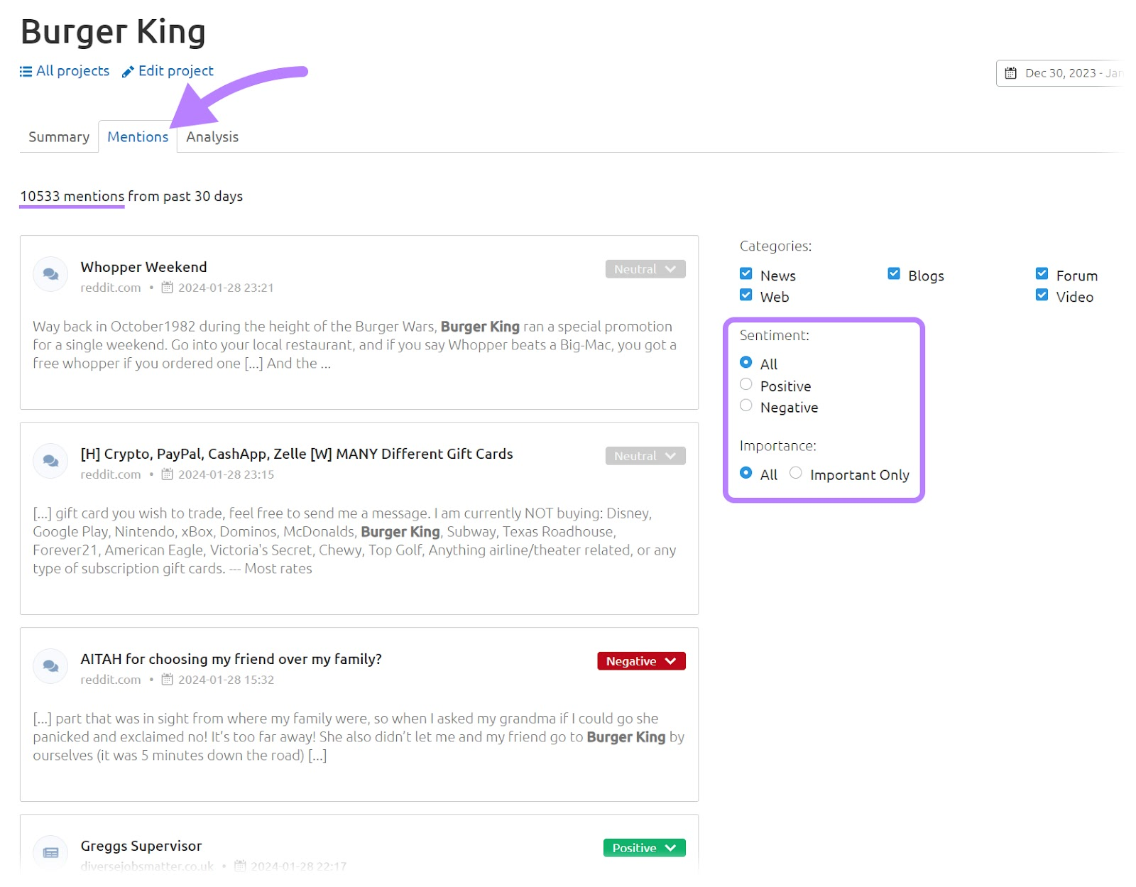 Mentions are listed with a preview of the mention as well as the sentiment.