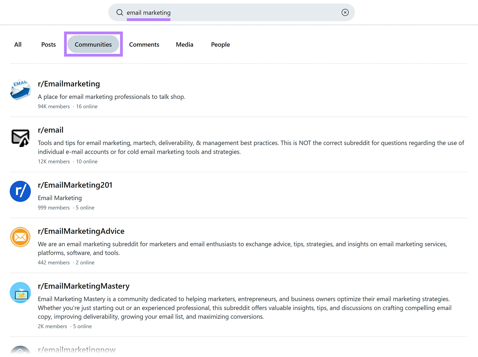 Search results for "email marketing" showing related Reddit communities.