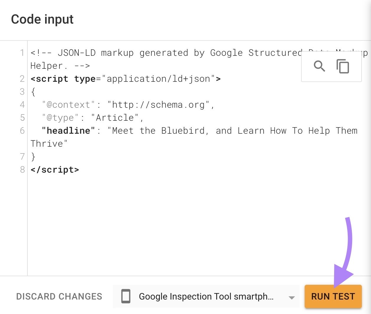 The "Code input" section on Google’s Rich Results Test with the “Run Test” button at the bottom of the page highlighted.
