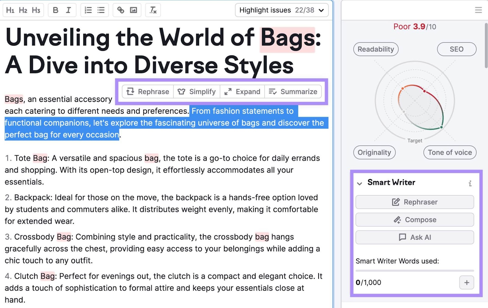 SEO Writing Assistant editor features
