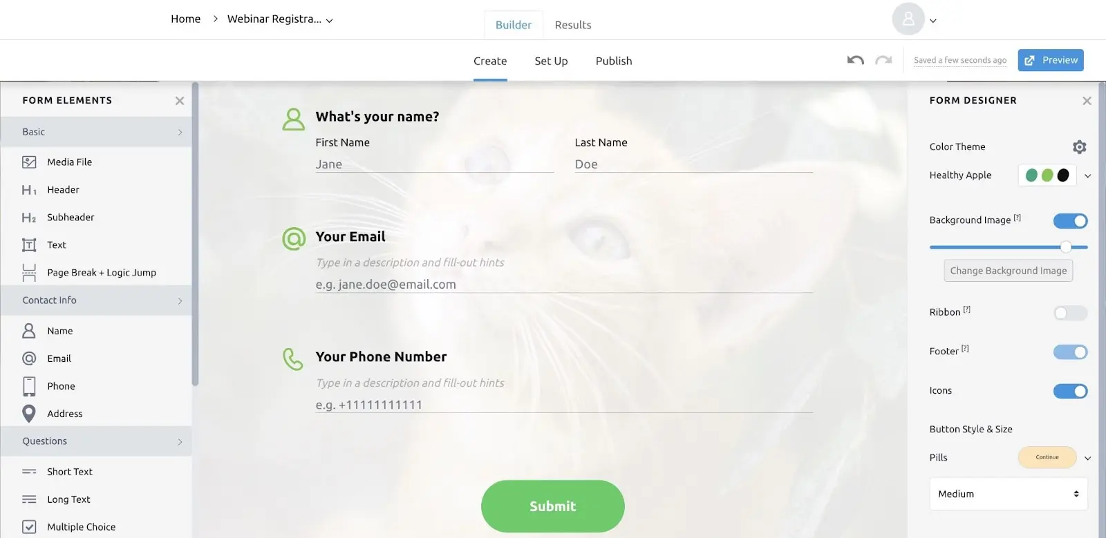 Web form builder editor with fields for name, email, phone, and submit button