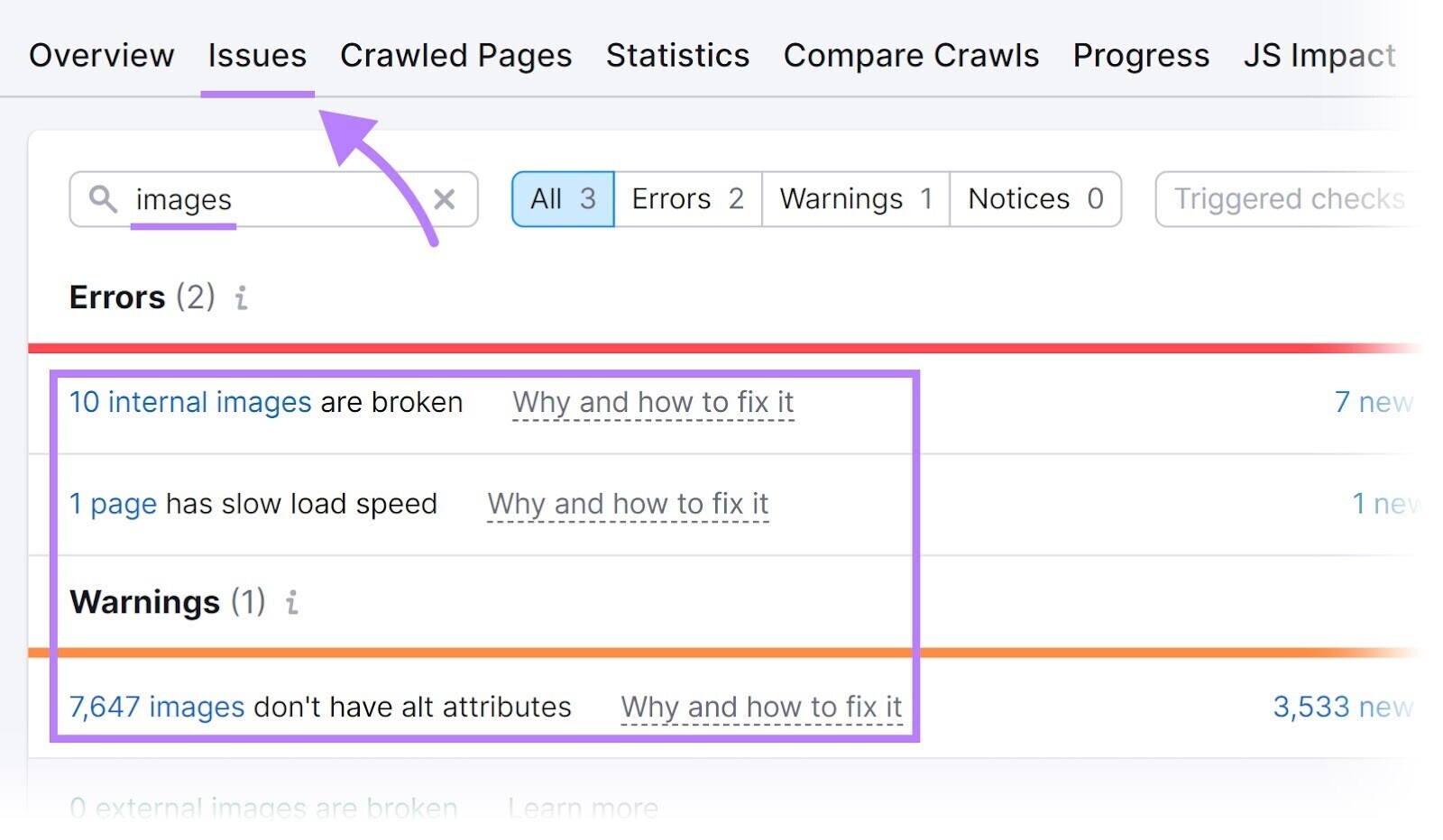 how to find missing alt attributes in Site Audit "Issuesâ tab