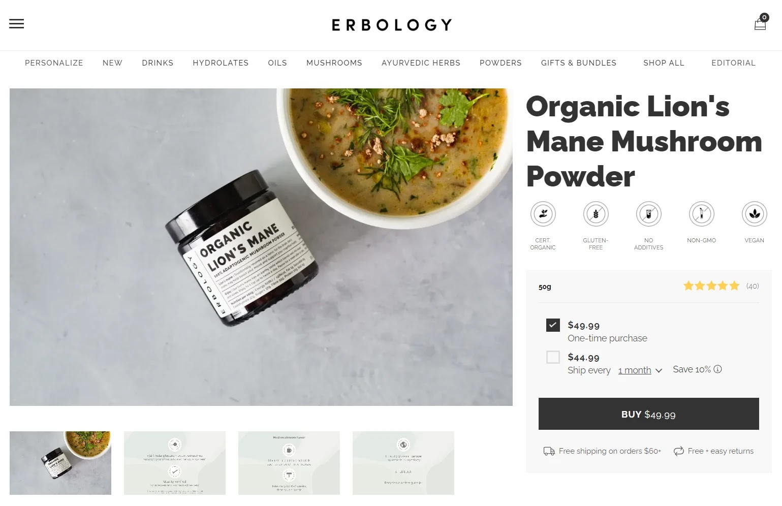 Erbology landing page for organic lionâs mane mushroom powder