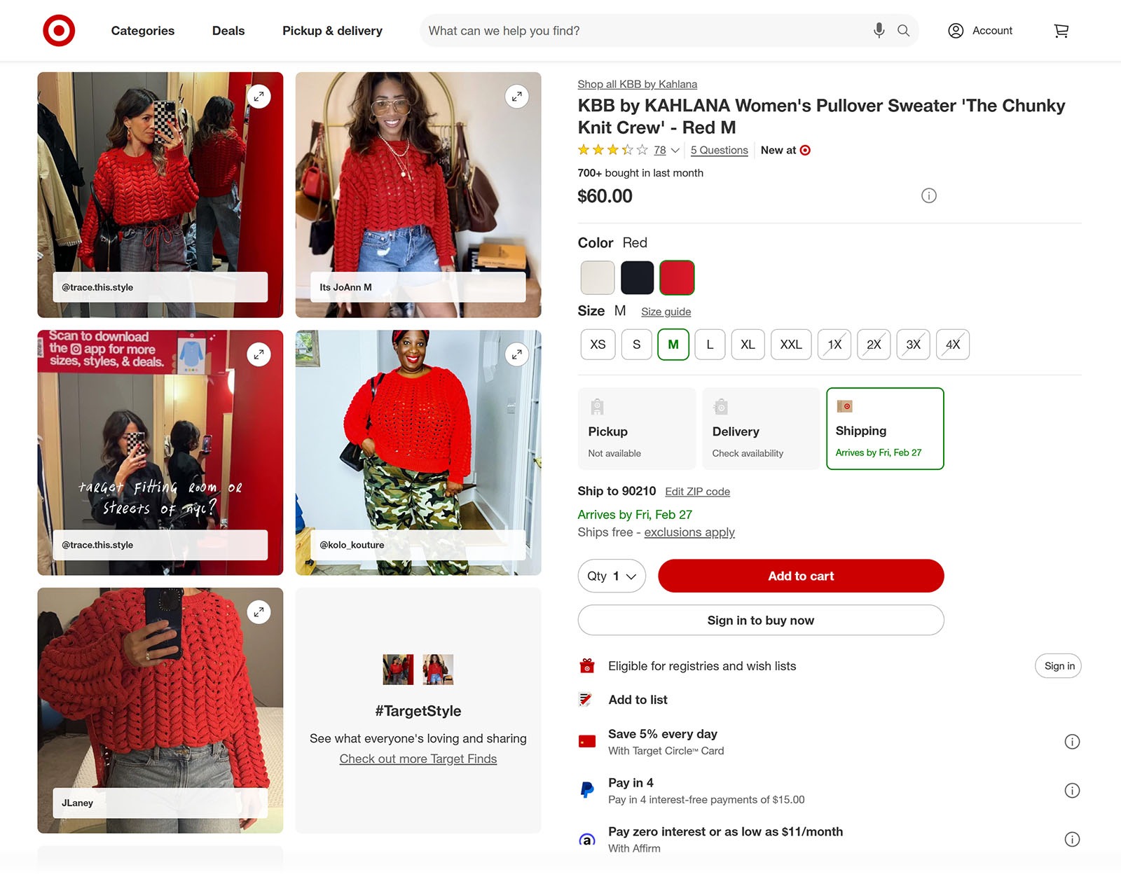 Target sweater product page with user-generated photos, size selector, and payment options