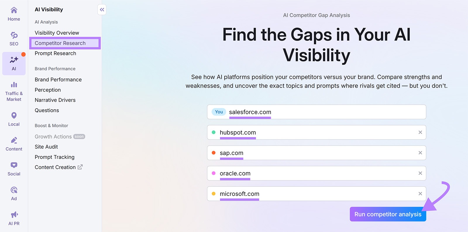 Competitor Research tool with input fields for domains and a button labeled Run competitor analysis.