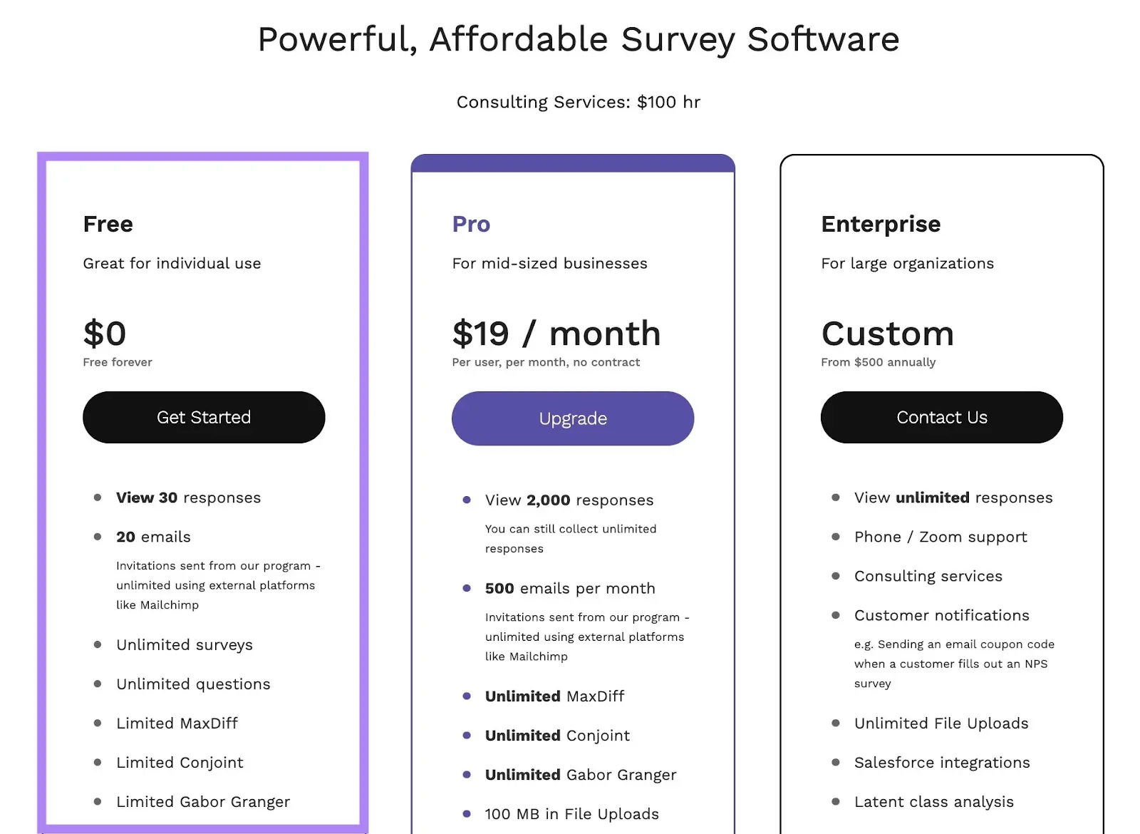 Survey software pricing plans with free tier highlighted offering unlimited surveys