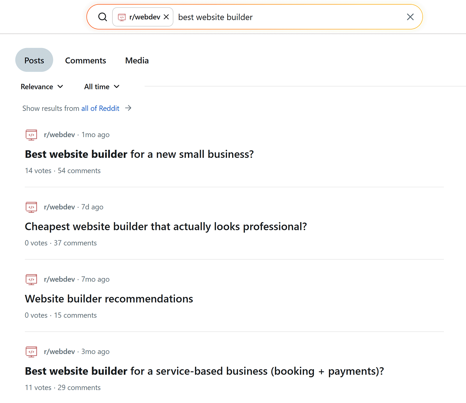 Reddit search results for âbest website builderâ showing posts from r/webdev with questions and engagement