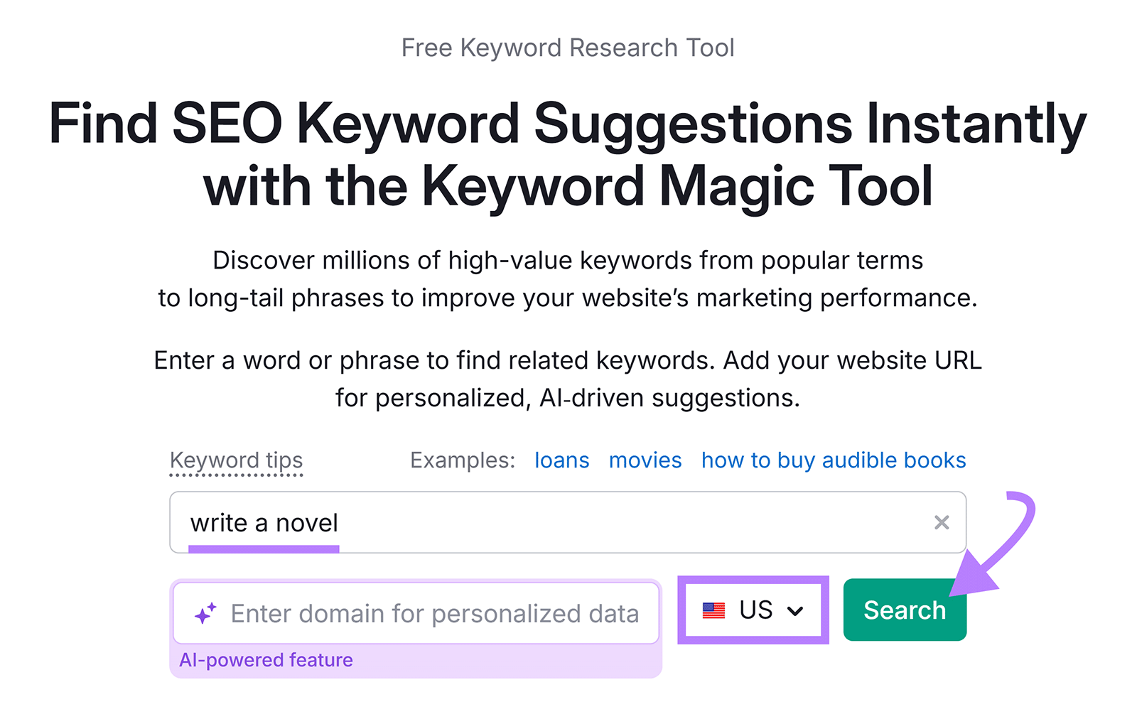 Keyword Magic Tool start with keyword entered, country dropdown highlighted, and arrow to Search button.