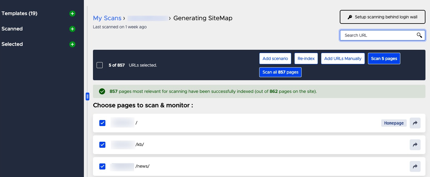 Choose pages to scan and monitor.