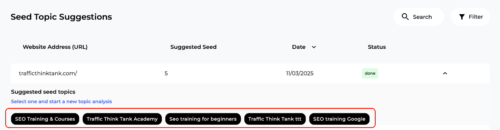 The Suggest Seed Topics tab in the SERP Gap Analyzer app.